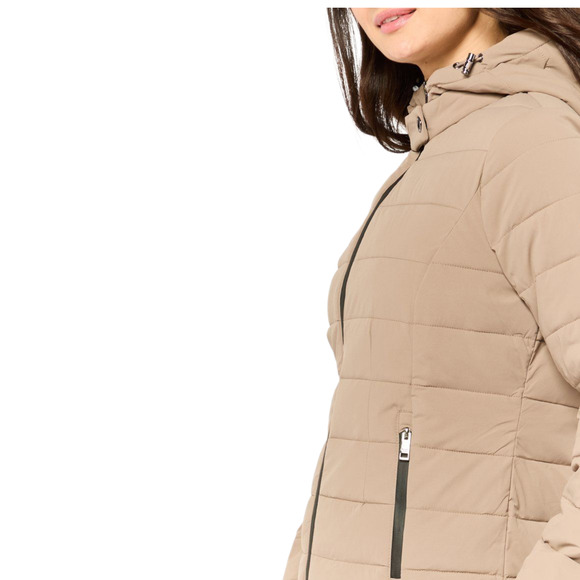 Michael Michael Kors Womens Down Puffer Jacket Coat Large Taupe Hooded Packable - Picture 3 of 13